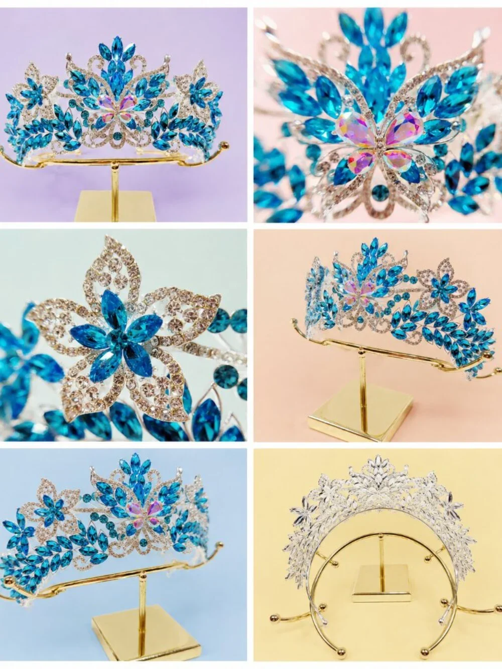 Sky blue Crystal Butterfly Tiara Crown Silver Pageant Bridal Prom Party crown